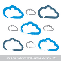 Set of hand-drawn simple stroke vector cloud icons, collection o