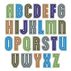 Colorful striped retro font isolated on white background, geomet