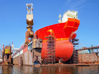 Ship bow forward on dry dock i shipyard.