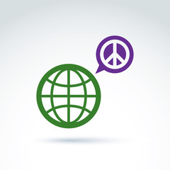 Round antiwar vector icon, green planet and speech bubble with p