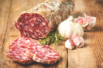 Sausage salami in a rural setting