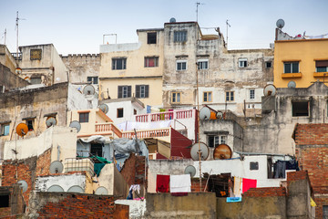 Street view with traditional colorful houses. Tangier, Morocco