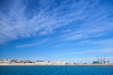 Fototapeta na wymiar Tangier port panorama with blue sky, Morocco, Africa