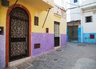 Colorful walls and doors in Medina, old part of Tangier, Morocco