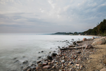 Baltic sea at beautiful sunrise in Poland beach. Orlowo Gdynia 