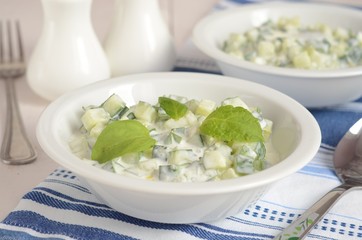 Cucumber salad with yogurt and mint in white bowls on napkins and white background