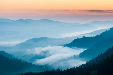 Fotobehang mist en wolken bergdal landschap © Dmytro Kosmenko