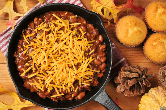 Chili with cheese in a cast iron skillet