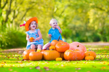 Laughing children at pumpkin patch
