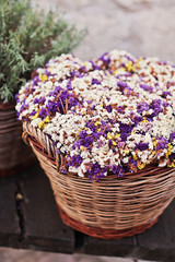 Vintage wagon with basket with lavender flowers near the old wal