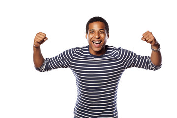 happy dark-skinned young man on white background
