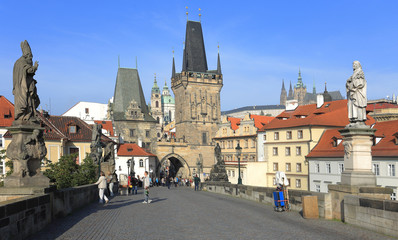 Fototapeta na wymiar Prague gothic Castle from Charles Bridge with its Statues