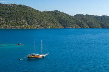 Beautiful view of ancient Kekova Island yacht boat in the Medite