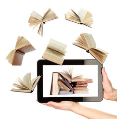 Information transfer. Books flying in tablet