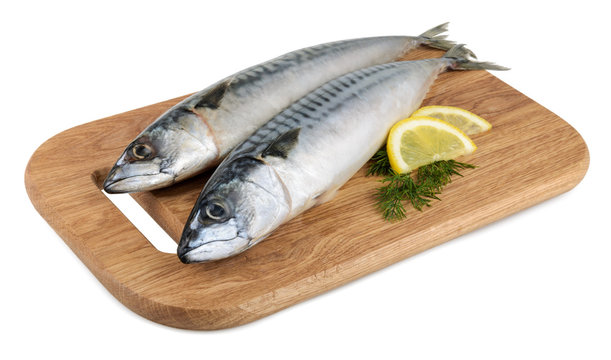 mackerel fish on wooden plate isolated