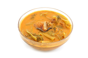 morning glory in sour red curry with salted fish in bowl