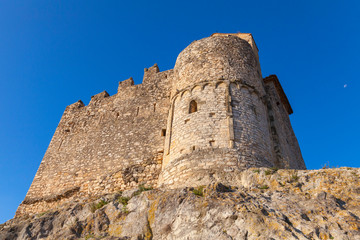 Naklejka premium Medieval stone castle on rock in ancient Calafell town, Spain