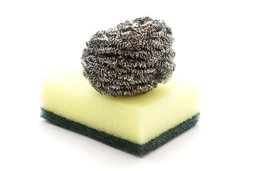 steel wool and sponge - dishwasher on white background