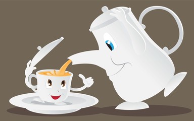 Cartoon teapot and tecup