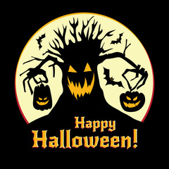 Halloween vector illustration - pumpkins and old tree