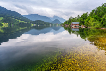 Idyllic Grundlsee lake in Alps mountains, Austria