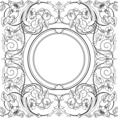 Square ornamental design made up of swirls, flowers, and leaves