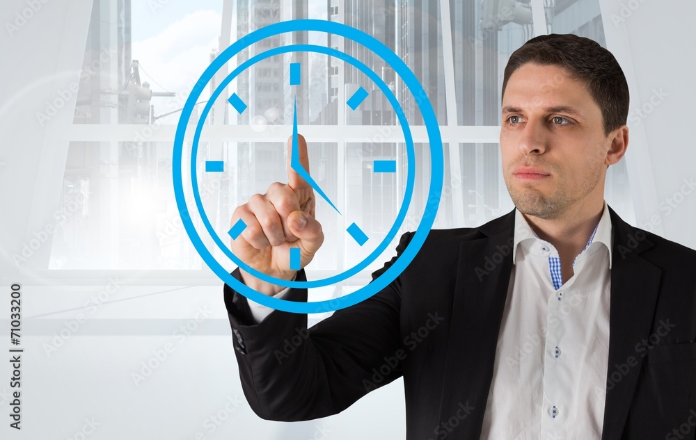 Poster composite image of businessman standing and pointing