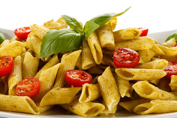 Pasta with pesto sauce, parmesan and vegetables