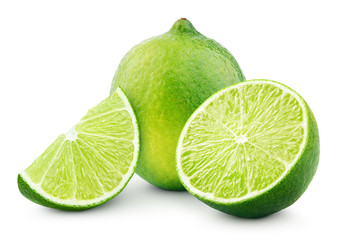 Citrus lime fruit with slice and half isolated on white