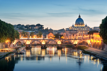 Naklejka premium River Tiber, Ponte Sant Angelo and St. Peter's Basilica