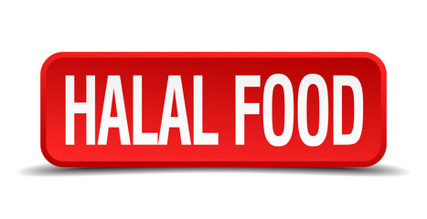 Halal food red 3d square button on white background