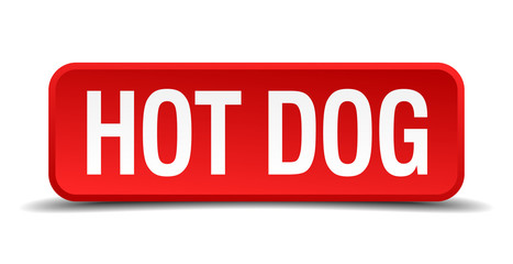 Hot dog red 3d square button on white background