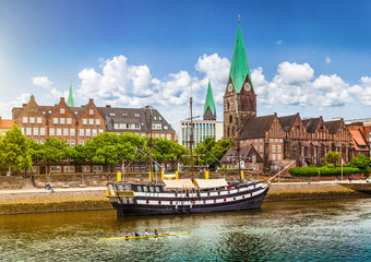 Historic town of Bremen with Weser river, Germany - obrazy, fototapety, plakaty
