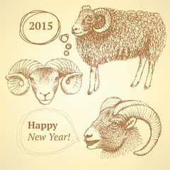 Sketch New Year ram in vintage style