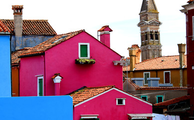 bell tower of BURANO  and colored houses