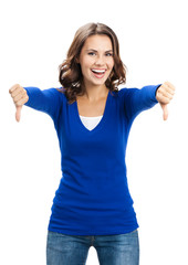 Woman showing thumbs down gesture, isolated