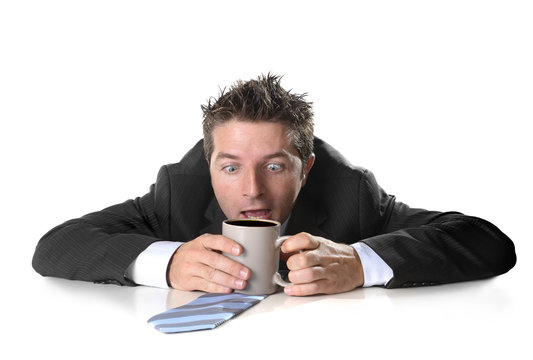 Addict Businessman Holding Coffee Hectic Caffeine Addiction