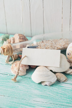 Marine items on wooden background.