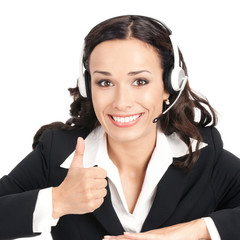 Support operator with thumbs up, on white
