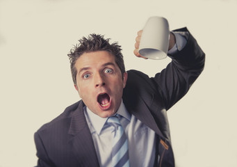 addict businessman and cup of coffee in caffeine addiction - obrazy, fototapety, plakaty
