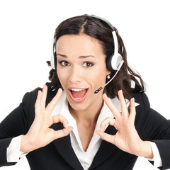 Support operator with okay sign, on white