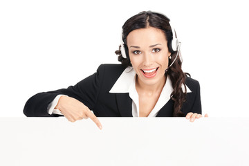 Support phone operator with signboard, isolated