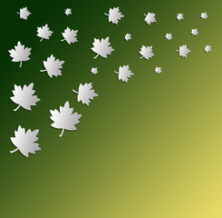 White stylized leaves on a green background.