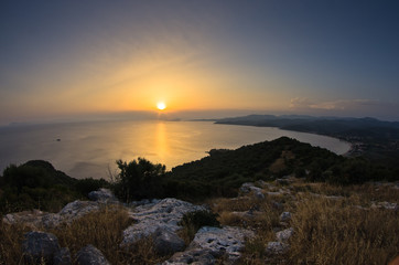 Sunset view at Toroni bay, aerial photo from the top of a hill