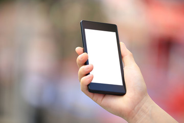 Fototapeta premium young woman hands hold cellphone in city 