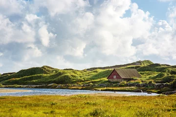 Foto op Plexiglas Norwegian landscape with small house © Olena Bloshchynska