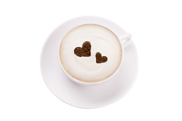 Kaffee Tasse Kaffeetasse Cappuccino Milchkaffee trinken mit Kakao Herzen isoliert