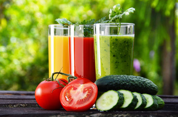 Glasses with fresh vegetable juices in the garden. Detox diet