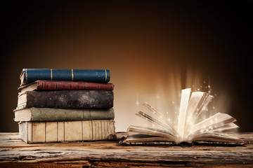 Old books on wooden table