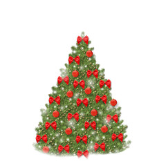 Christmas tree with red balls and beautiful bows isolated on whi